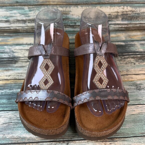 Naot Sandal Sz 8 Metallic Gray/Pewter Leather Slides Adjustable Crystals Slip On - Picture 1 of 11